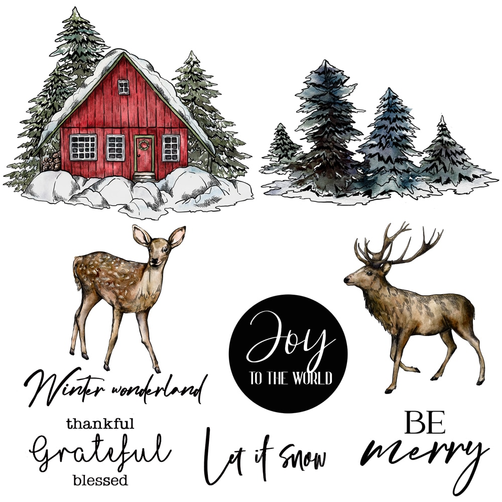 Christmas Reindeer Winter Cottage Trees Metal Cutting Dies Clear Stamps Craft