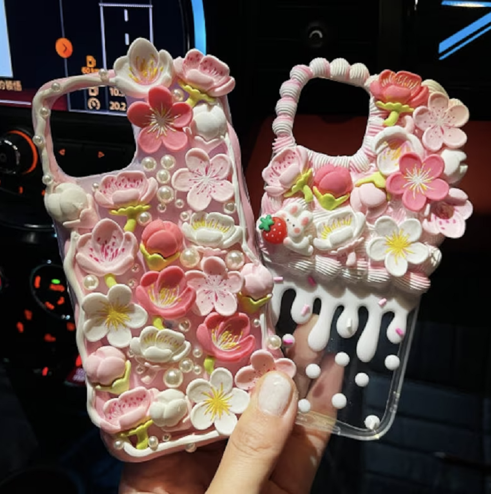 Finished Handmade Decoden DIY Phone Case Sakura Flowers Pearls Teardrop Pearls
