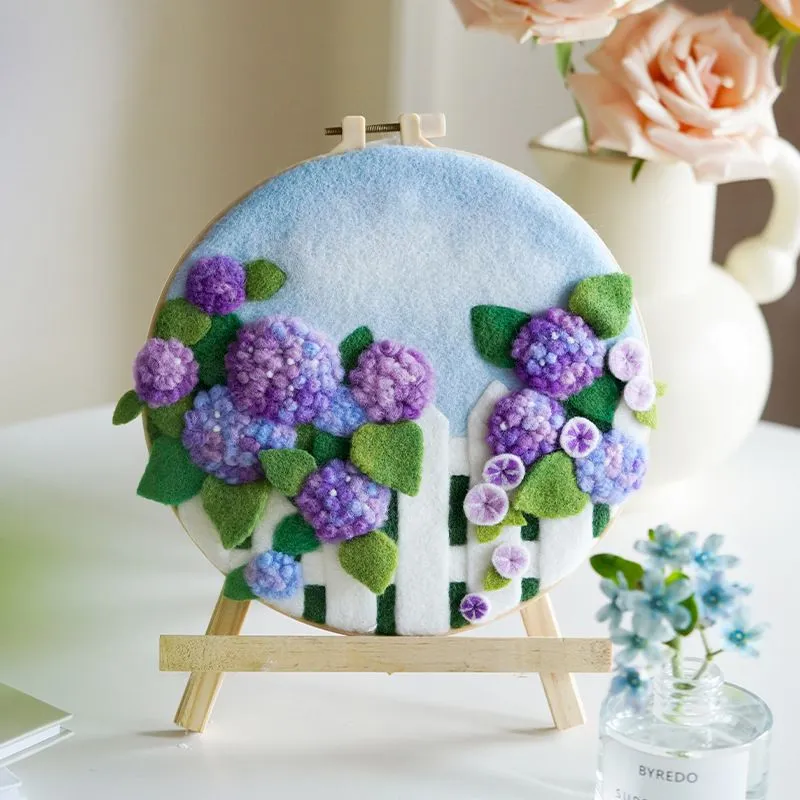 CHENISTORY DIY Wool Felt Painting With Embroidery Creative Kit Craft Felting Purple Flowers Home Wall Decor For Friend Kids Gift