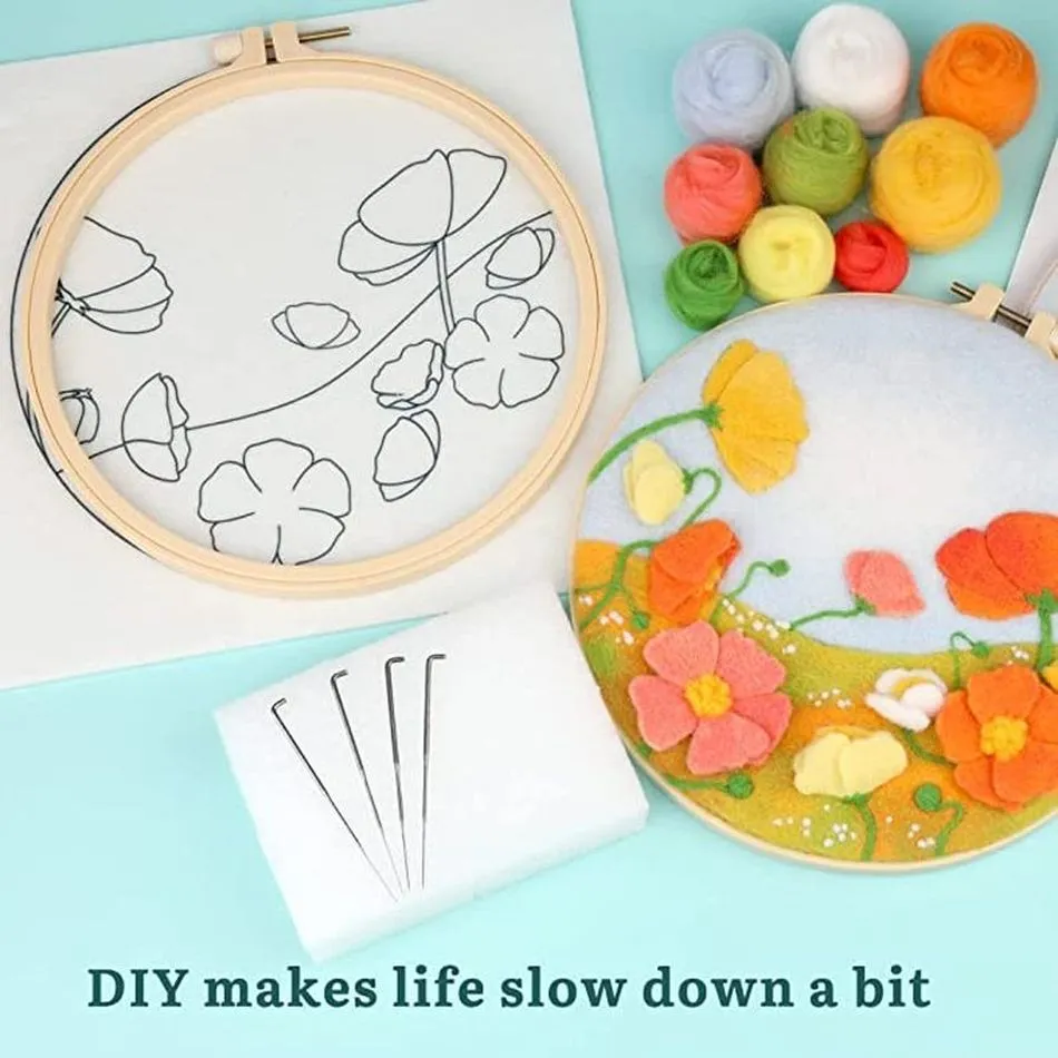 CHENISTORY DIY Wool Felt Painting With Embroidery Creative Kit Craft Felting Purple Flowers Home Wall Decor For Friend Kids Gift