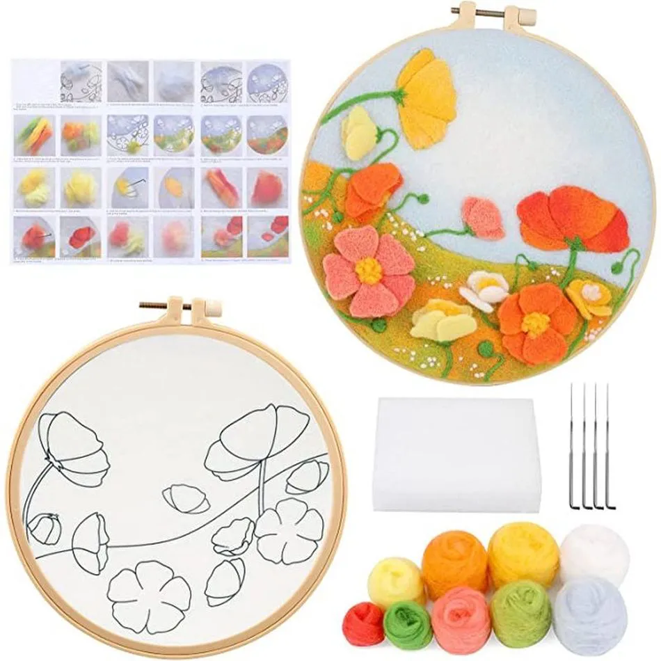 CHENISTORY DIY Wool Felt Painting With Embroidery Creative Kit Craft Felting Purple Flowers Home Wall Decor For Friend Kids Gift