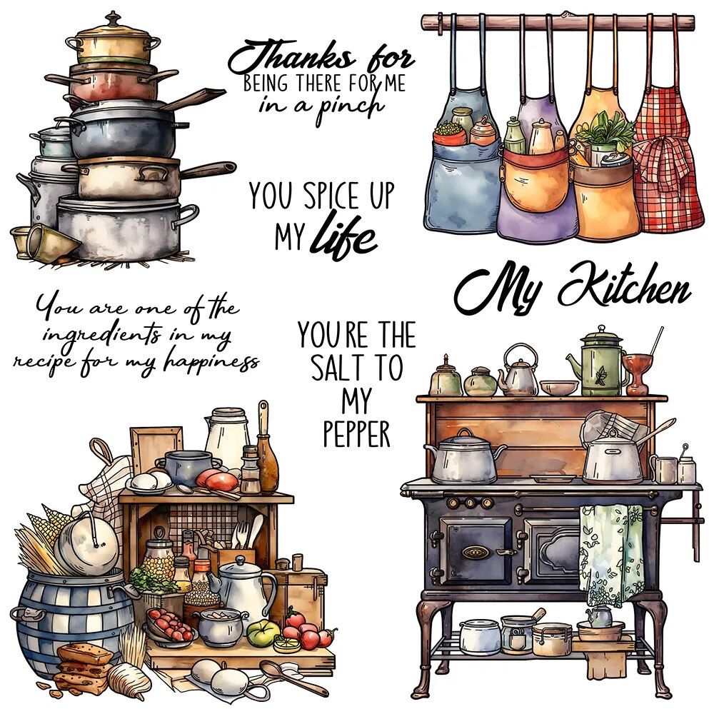 Stacked Pots Aprons Wood Stove Spice up My Life Metal Cutting Dies Clear Stamps