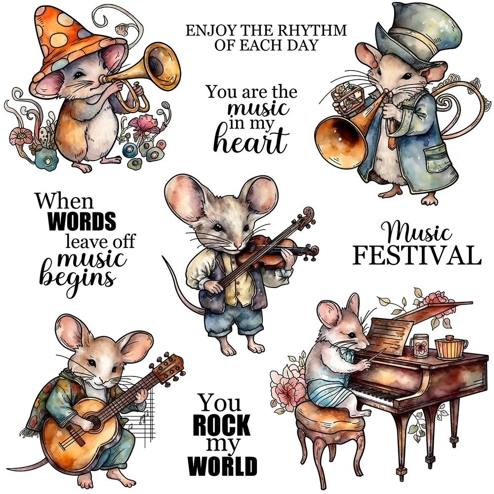 Mice Band Playing Music Festival Rock My World Metal Cutting Dies Clear Stamps