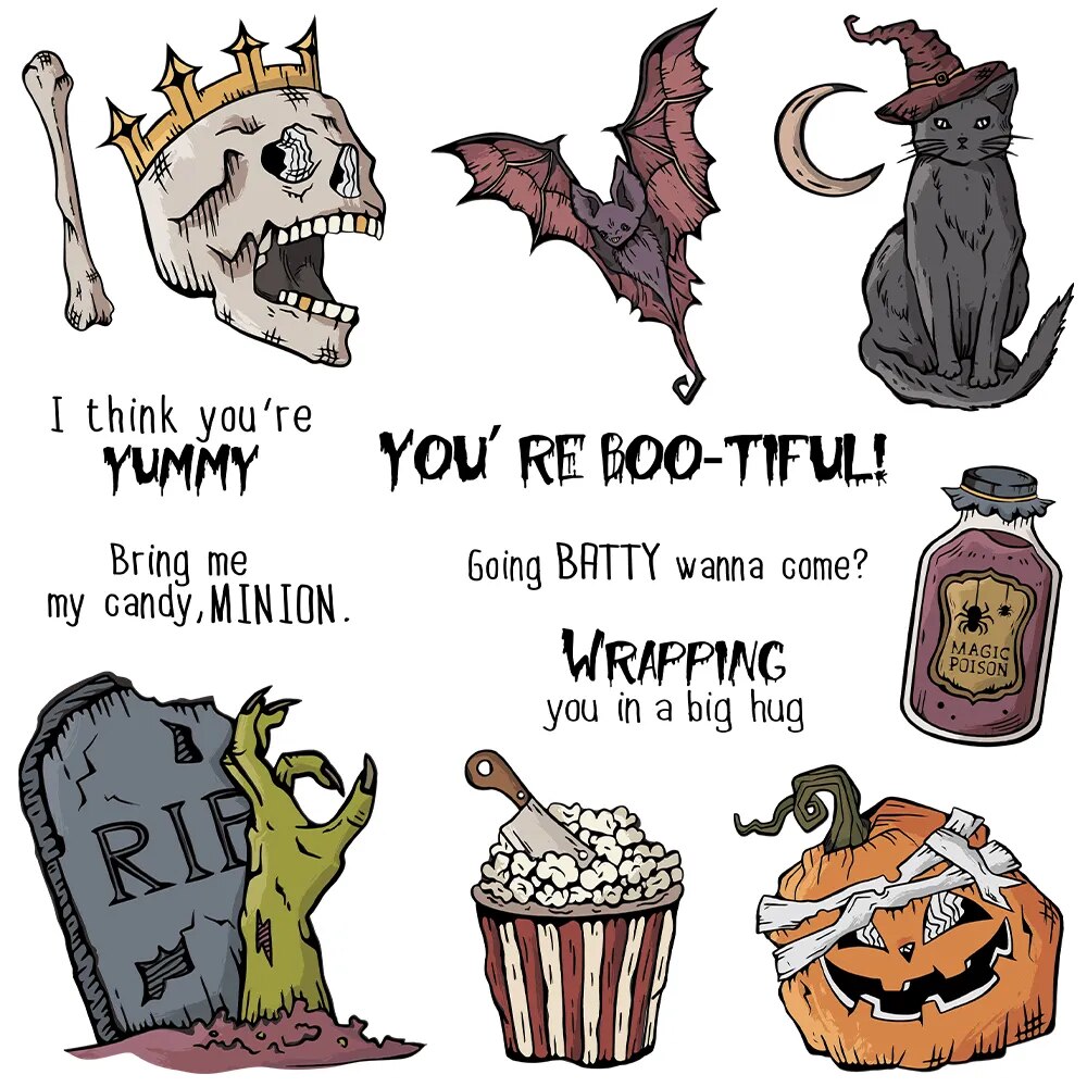 Halloween Grave Skull Pumpkin Cat Bat Potion Metal Cutting Dies Clear Stamps