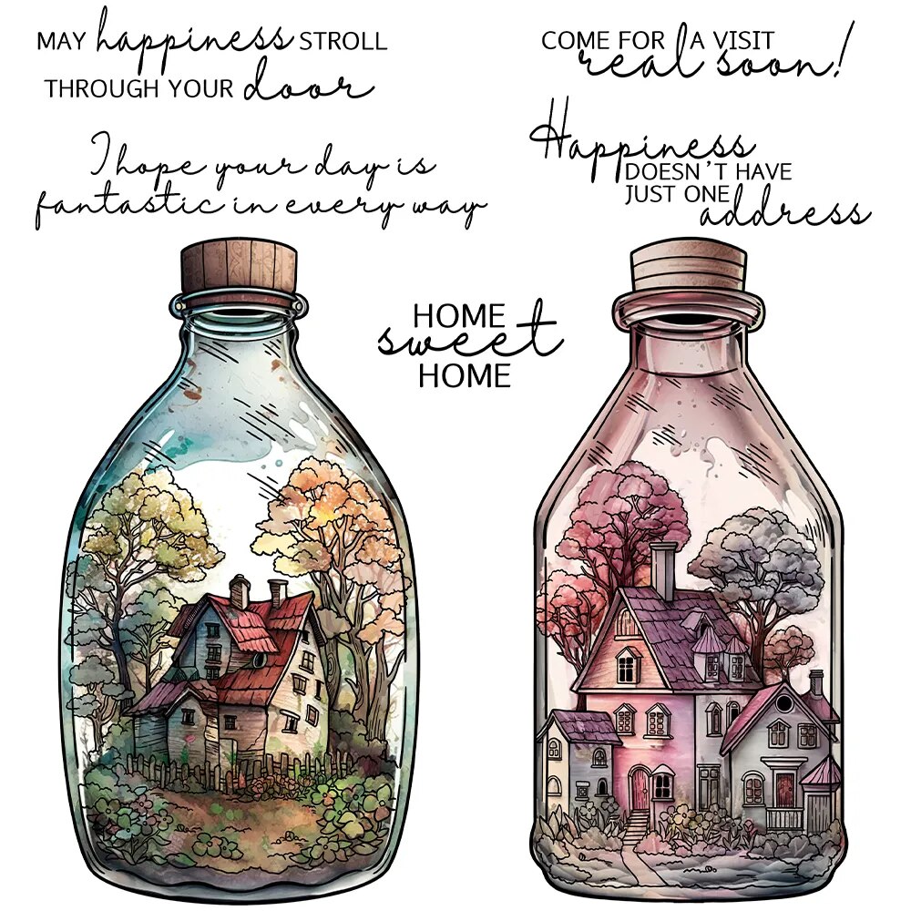 House in Glass Bottles Home Sweet Home Metal Cutting Dies Clear Stamps Craft