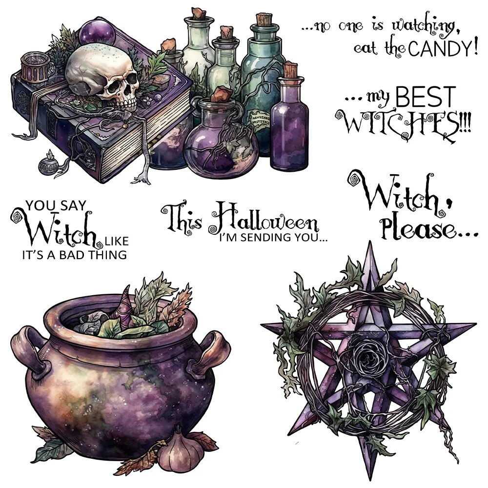 Halloween Magical Books Skull Potions Pentagram Metal Cutting Dies Clear Stamps