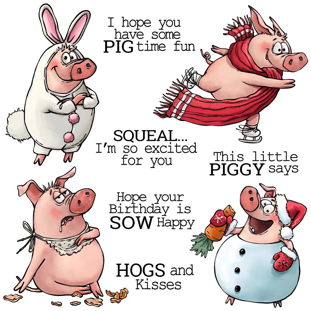 Silly Pigs in Costumes Rabbit Scarf Bib Snowman Metal Cutting Dies Clear Stamps