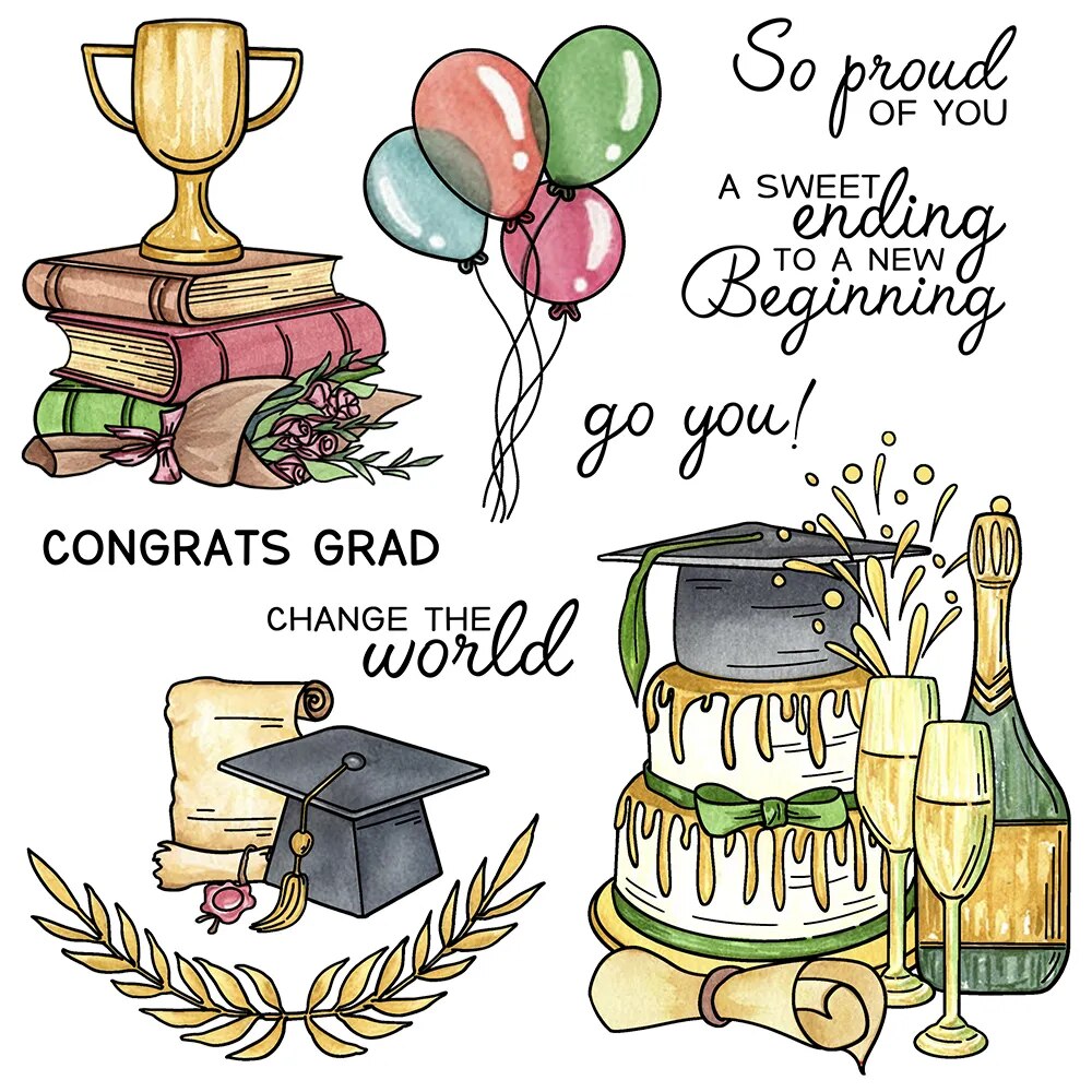 Celebration Graduation Balloons Cake Trophy Metal Cutting Dies Clear Stamps