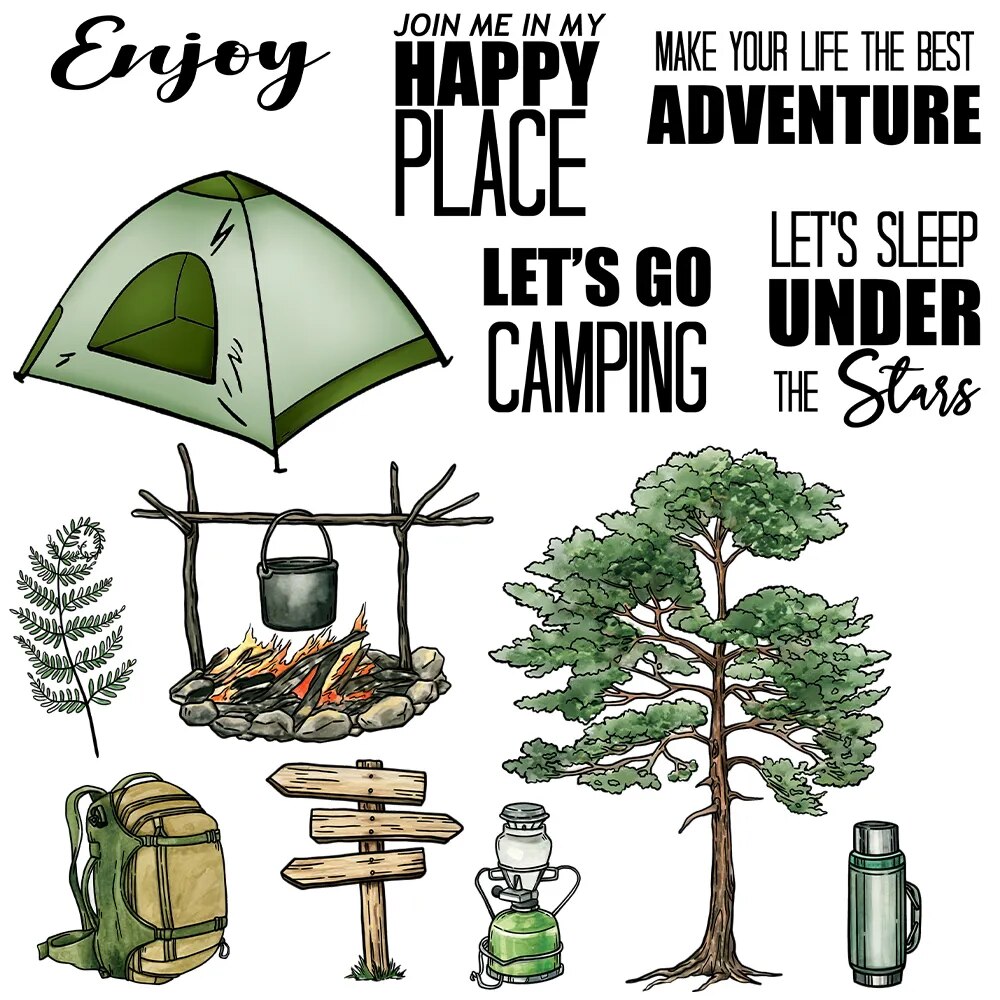 Camping Tent Backpack Campfire Let's Go Camping Metal Cutting Dies Clear Stamps