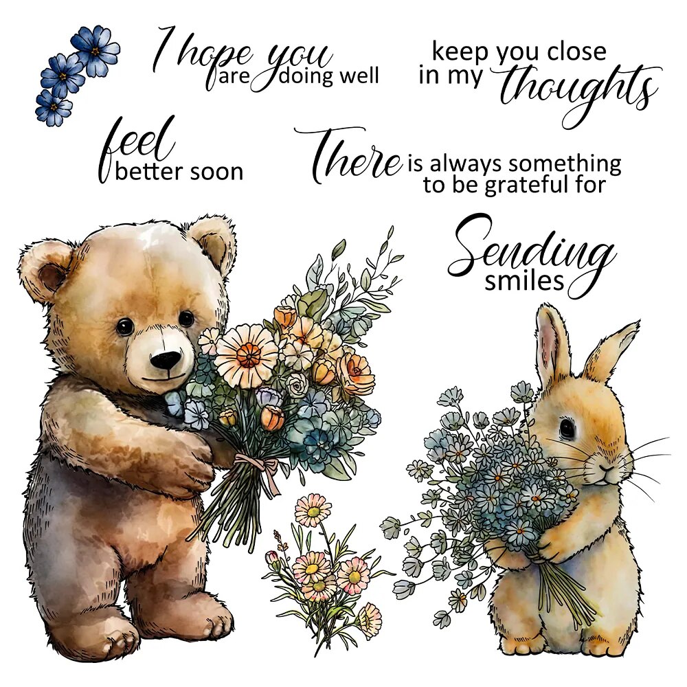 Bear Rabbit Flowers Sending Smiles Hugs Metal Cutting Dies Clear Stamps