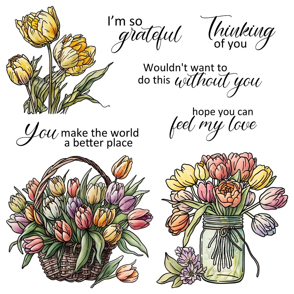 Baskets of Bloom Flowers Tulip Metal Cutting Dies Clear Stamps Scrapbook Card