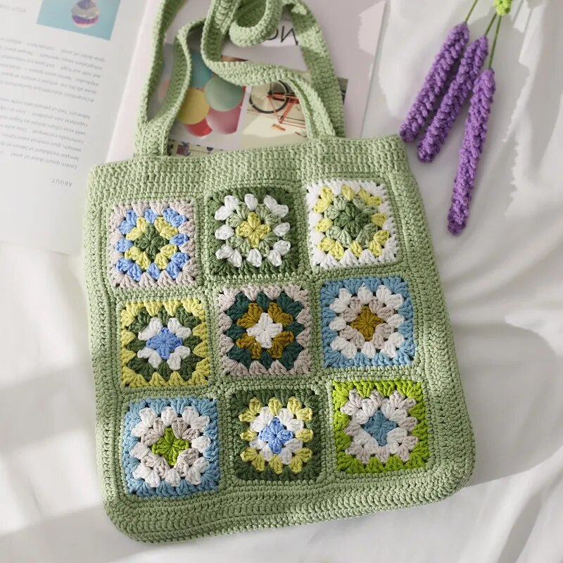 Handmade Hand-Woven Emerald Shoulder Flower Women Large Capacity Crocheted Bag