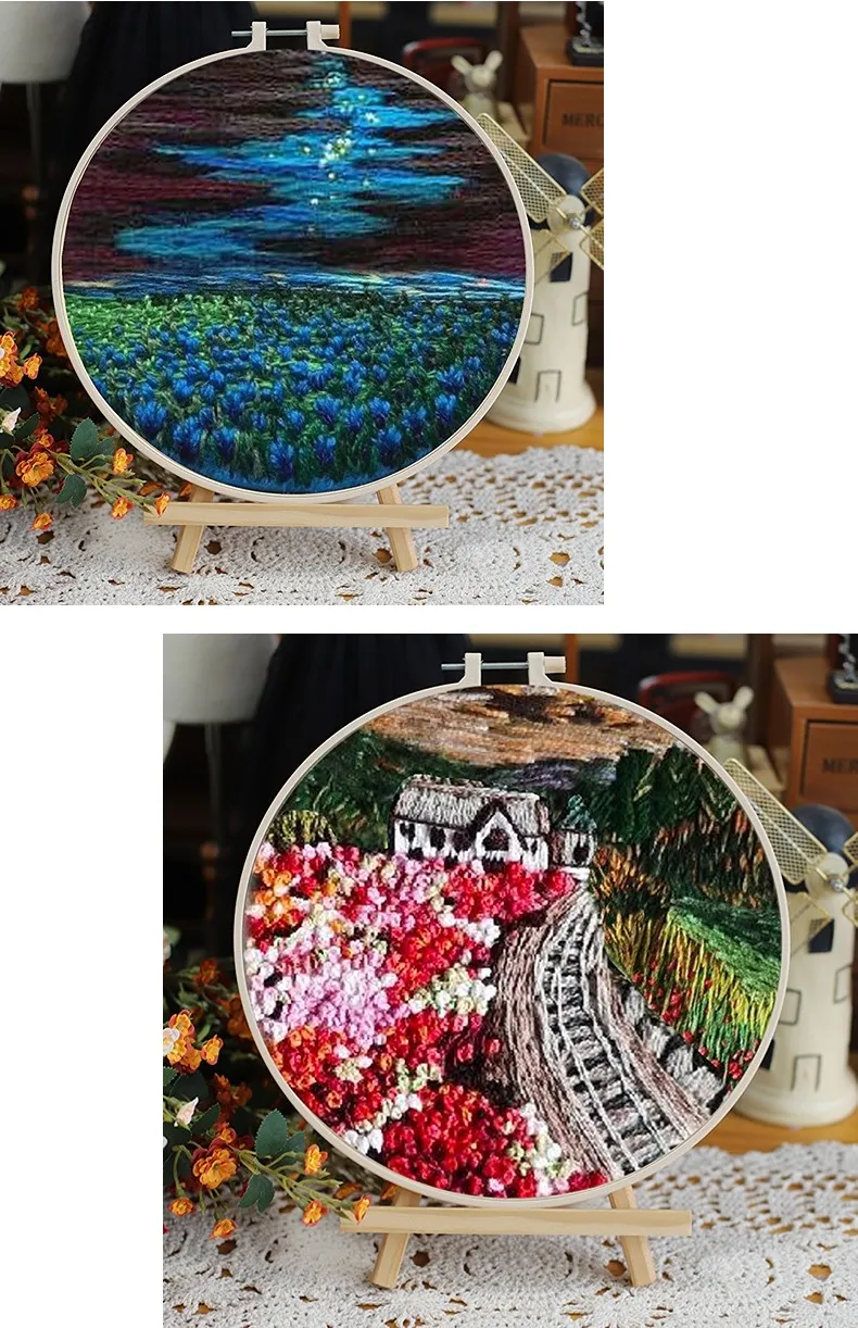 Starter Embroidery Kit Scenery Pattern Diy Beginner Embroidery Kits Handcraft Needlework Sewing Hand Cross Stitch Set With Hoop