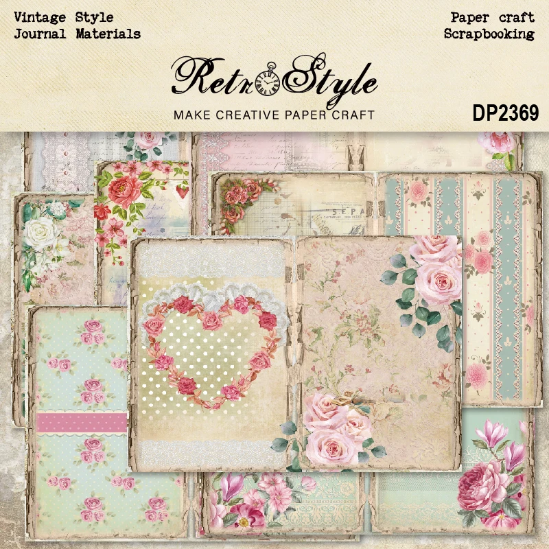 Flowers Rose Heart Lace Stripes A5 Scrapbook Card Journal Craft Paper
