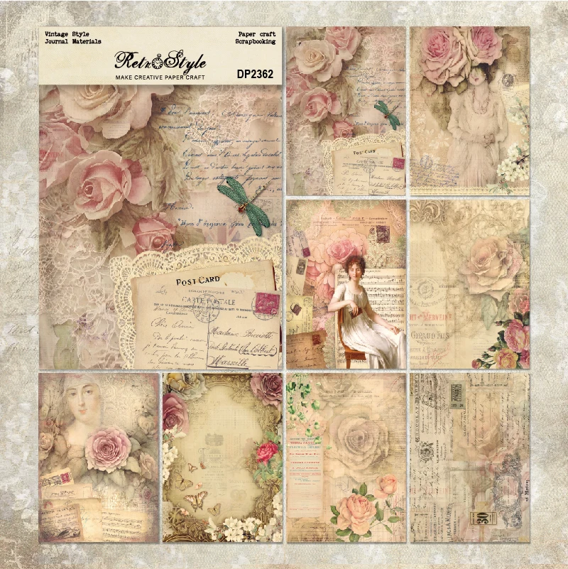 Vintage Lady Flowers Letters A5 Scrapbook Card Journal Craft Paper