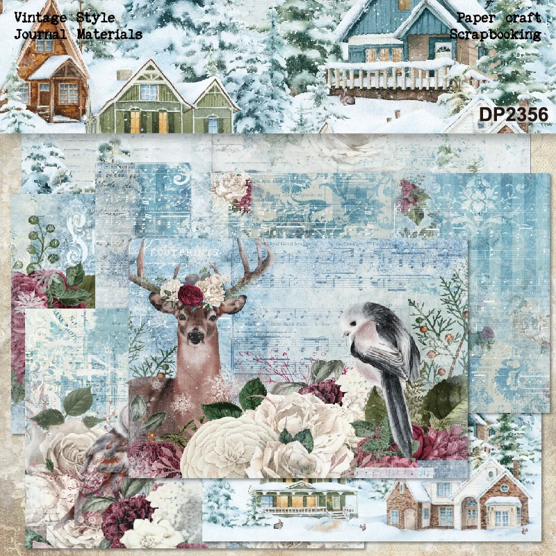 Winter Snow Houses Deer Bird Flowers Music A5 Scrapbook Card Journal Craft Paper