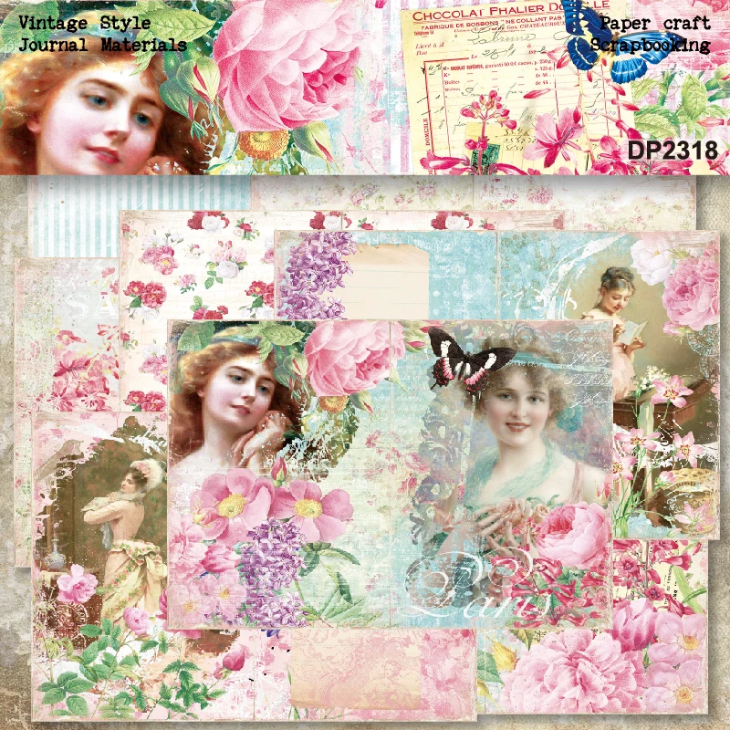 Lovely Vintage Woman Butterfly Flowers Floral A5 Scrapbook Card Craft Paper
