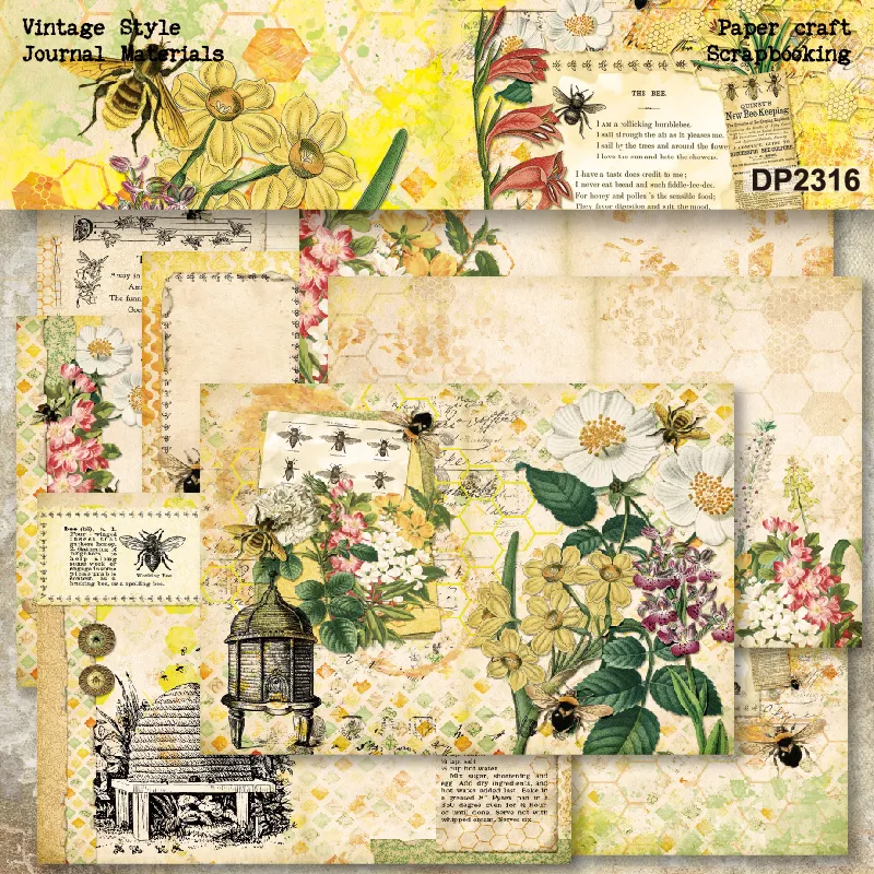 Panalisacraft 8sheets A5 size Vintage Style Bee Honey Scrapbooking patterned paper Fancy Card Pack Light weight Craft Paper Card