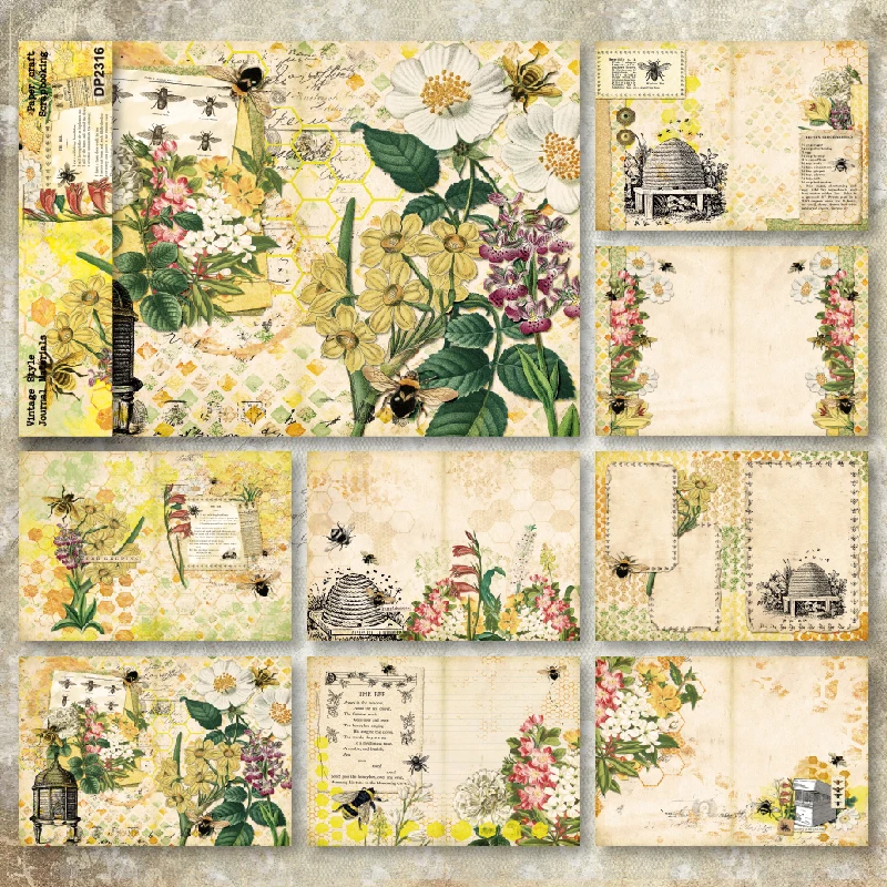 Panalisacraft 8sheets A5 size Vintage Style Bee Honey Scrapbooking patterned paper Fancy Card Pack Light weight Craft Paper Card
