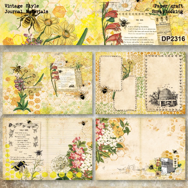 Panalisacraft 8sheets A5 size Vintage Style Bee Honey Scrapbooking patterned paper Fancy Card Pack Light weight Craft Paper Card