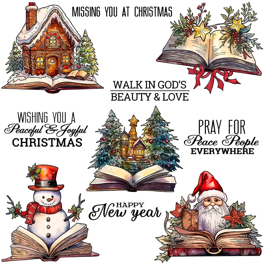 Christmas Open Book Santa Snowman House Holly Pray for Peace Clear Stamps Craft