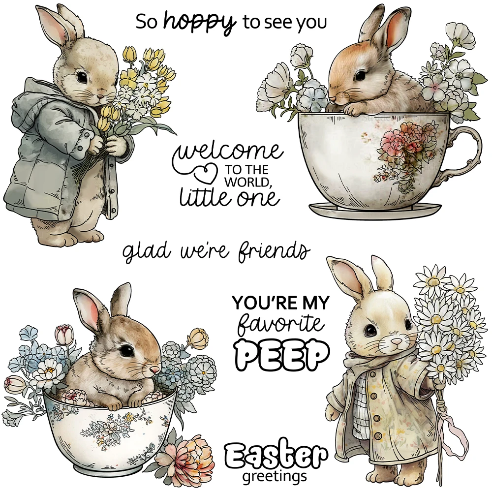 Easter Rabbits in Cups Coats Glad We're Friends Metal Cutting Dies Clear Stamps