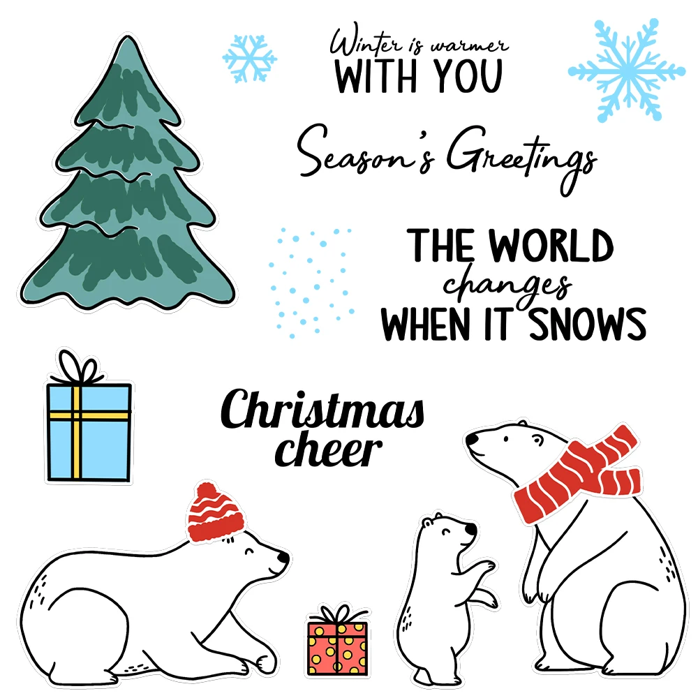 Christmas Tree Polar Bears Warm With You Cheer Metal Cutting Dies Clear Stamps