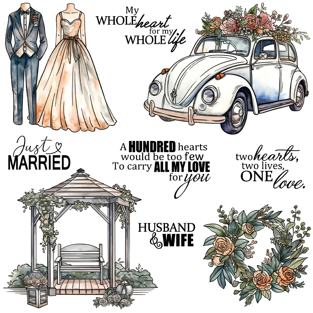 Wedding Bride Dress Groom Car Flower Just Married 2 Hearts 1 Love Clear Stamps