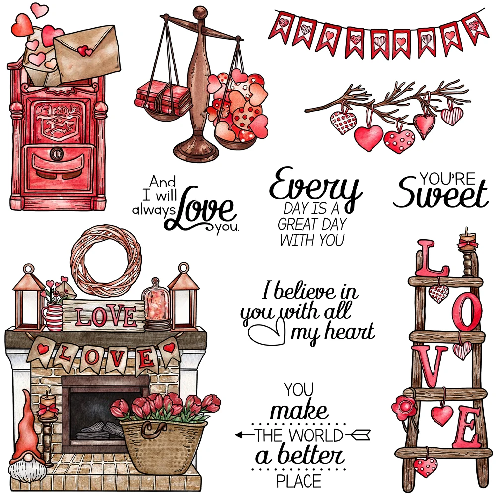 Valentine's Postbox Scale Fireplace Shelf Hearts Always Love You Clear Stamps