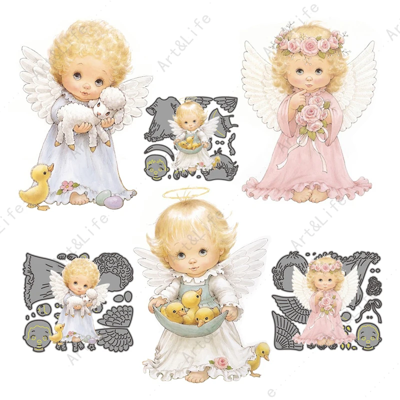 Baby Girl Angels Holding Lamb Chicks Flowers Metal Cutting Dies Card Craft