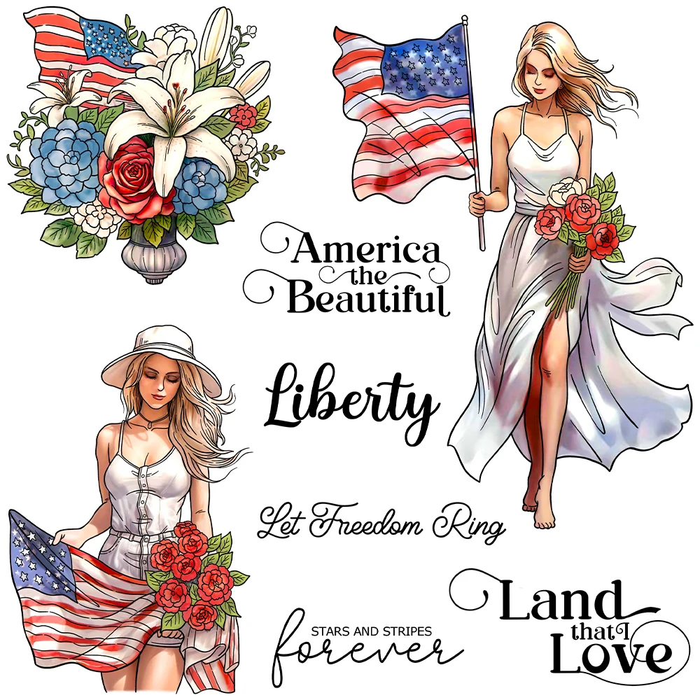 July 4th Flower Woman America the Beautiful Love Metal Cutting Dies Clear Stamps
