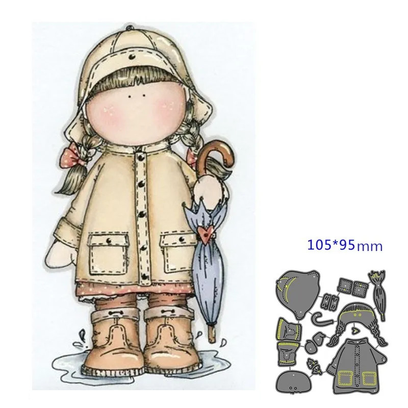 Little Girl Wearing Raincoat Hat Umbrella Metal Cutting Dies Card Craft
