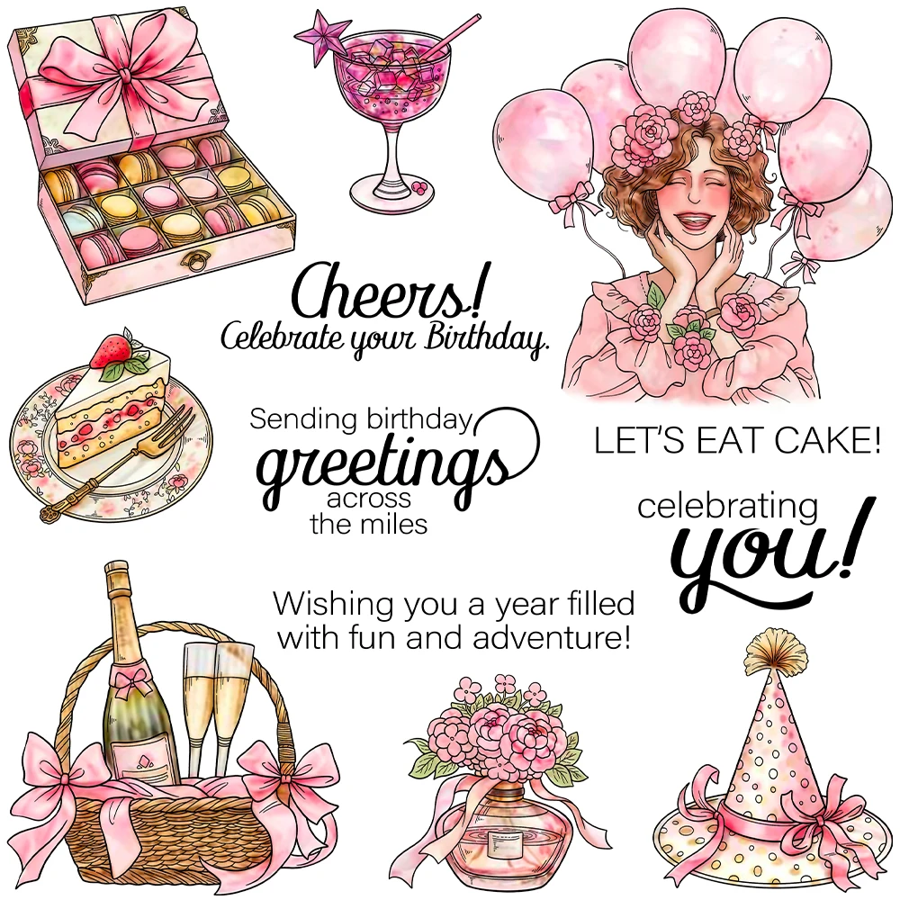 Celebrate Birthday Cake Champagne Let's Eat Cake Metal Cutting Dies Clear Stamps