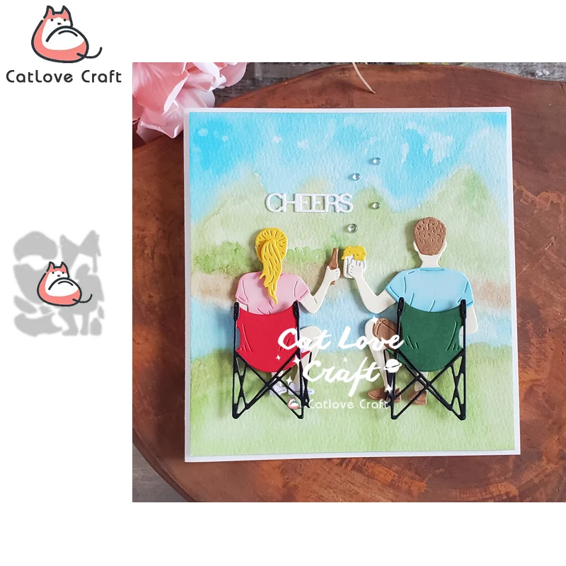 Camping Chair Couple Beer Cheers Metal Cutting Dies Scrapbook Card Craft