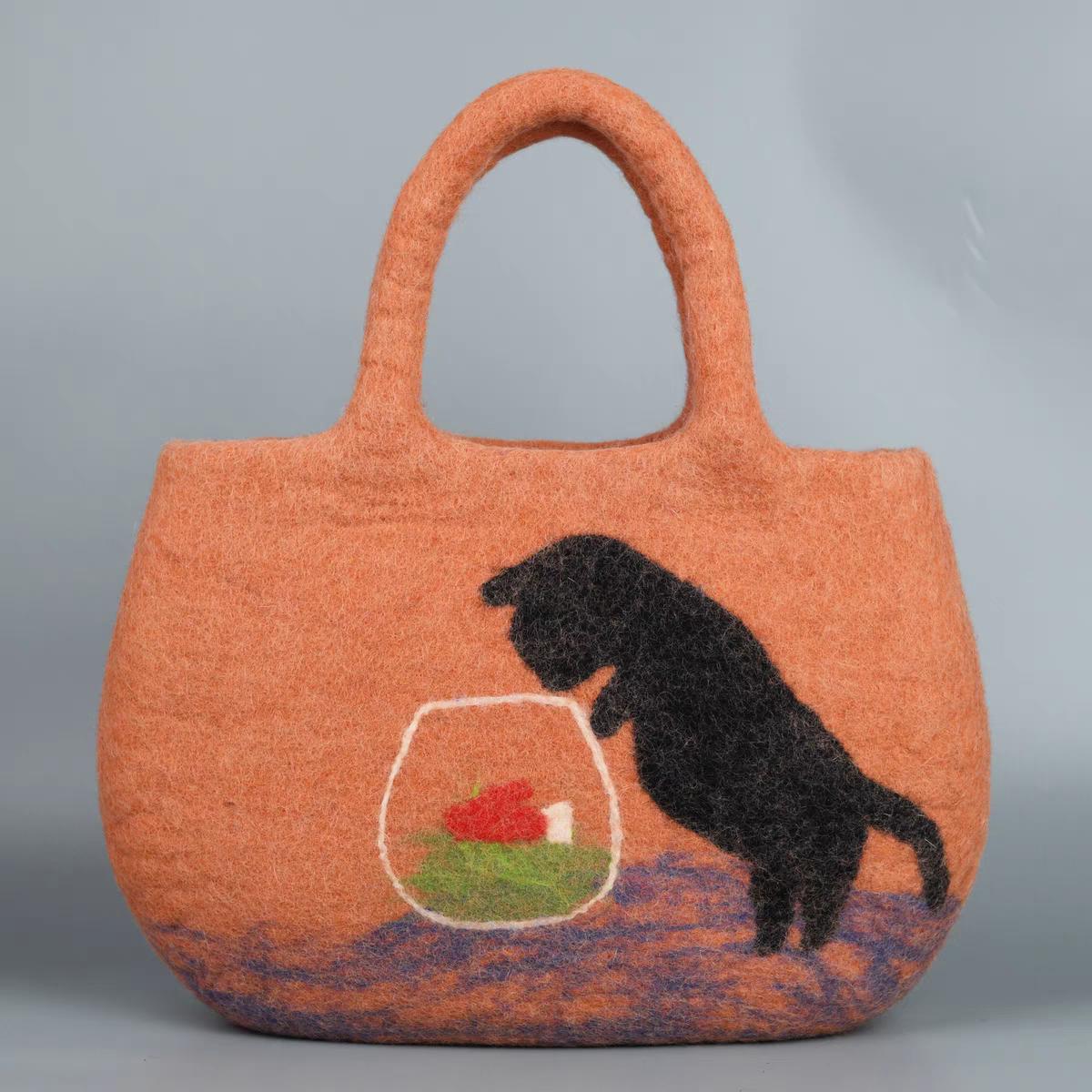 Cat Playing Handmade Finished Wool Felting Tote Handbag Ladies Wool Felting Bags