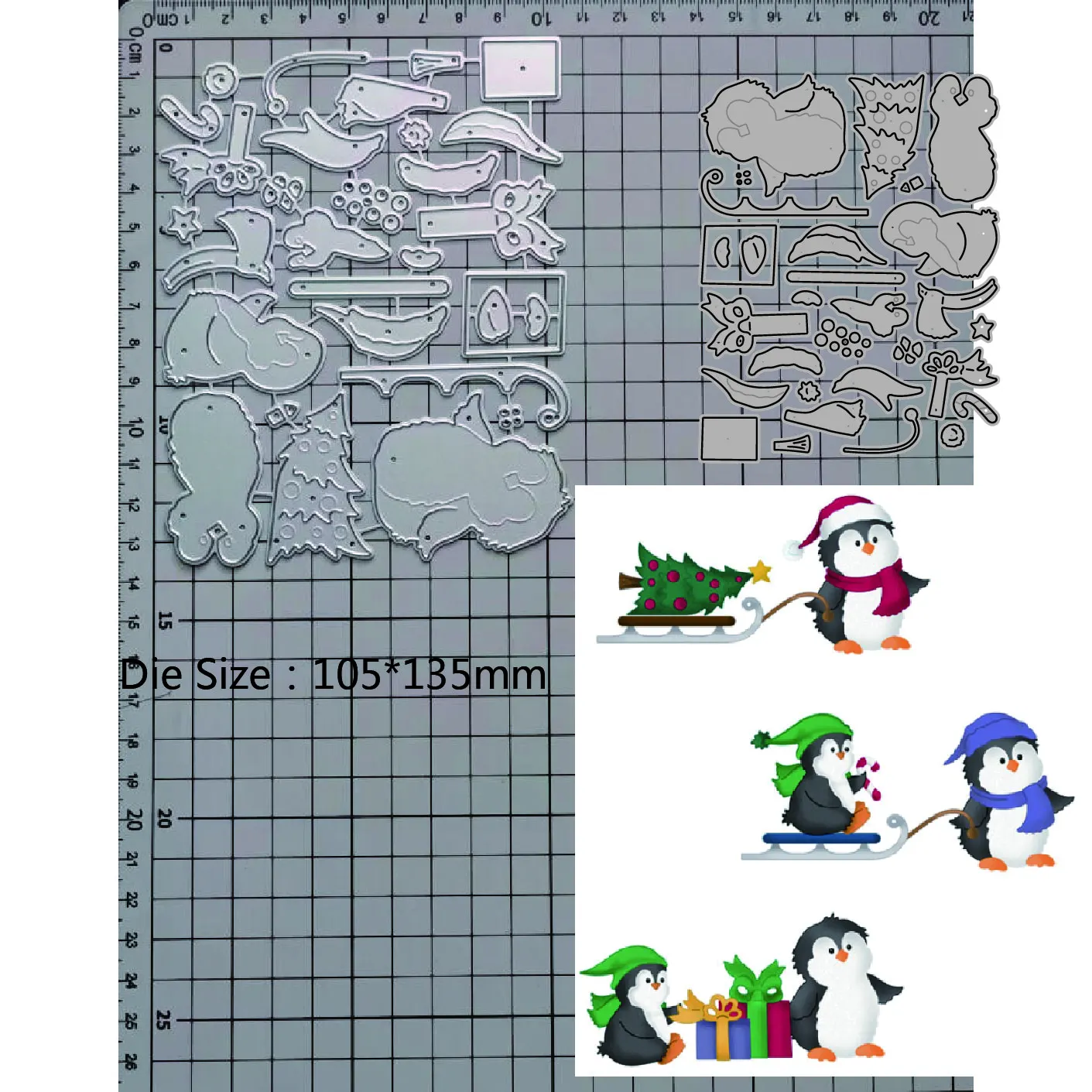 Christmas Penguins Pulling Sleigh Tree Gifts Metal Cutting Dies Card Craft