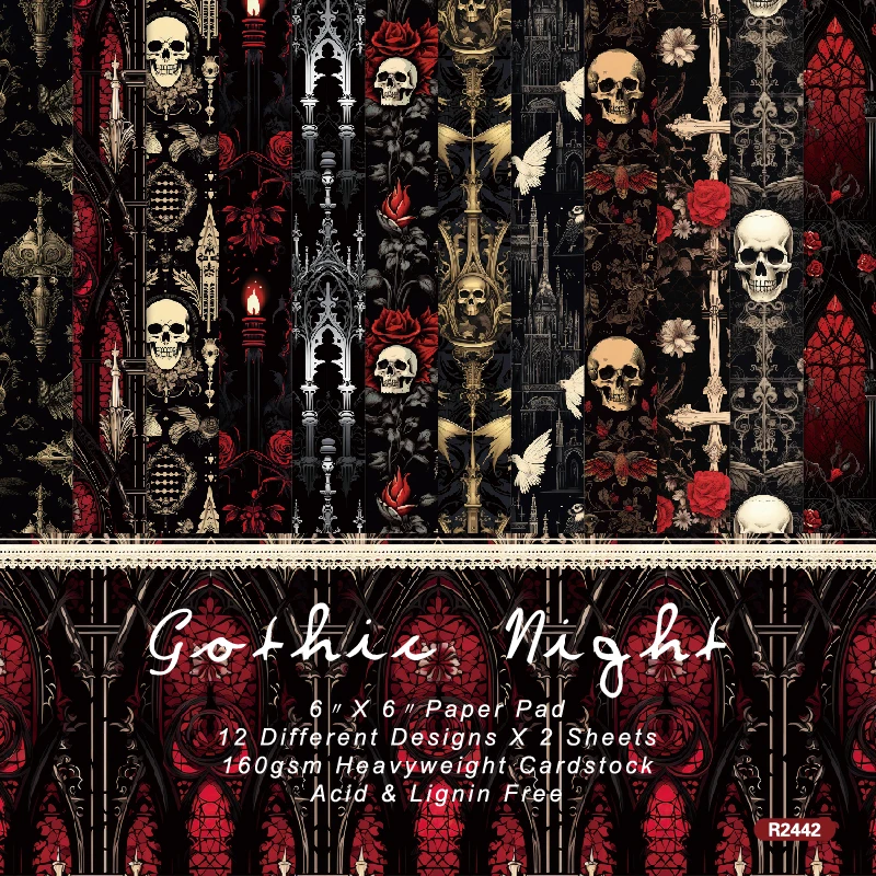 Halloween Gothic Skulls Cathedral Windows Scrapbook Card Journal Craft Paper