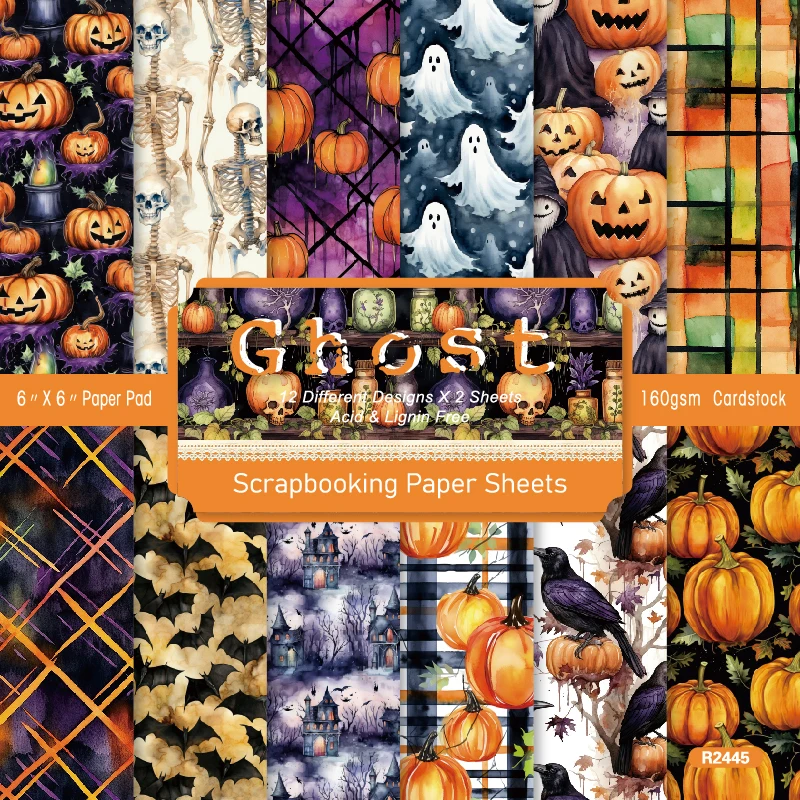 Halloween Skeleton Ghost Pumpkins Bats House Scrapbook Card Journal Craft Paper