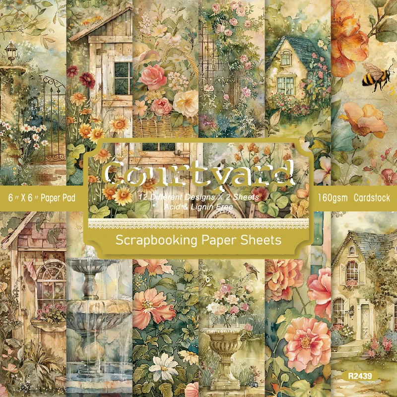 Flower Garden House Shed Fountain Bees Scrapbook Card Journal Craft Paper