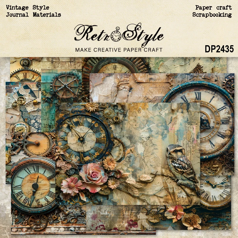 Vintage Clocks Maps Bird Flowers A5 Scrapbook Card Journal Craft Paper