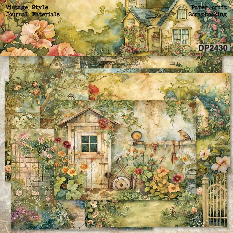 Beautiful Flower Garden House Gate Shed A5 Scrapbook Card Journal Craft Paper