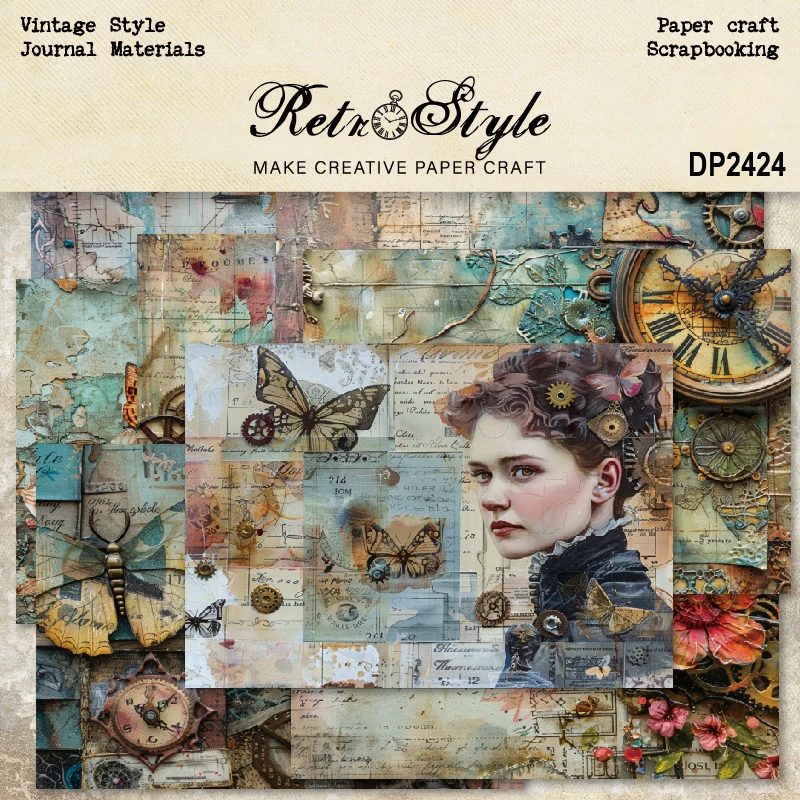 Vintage Lady Clocks Gears Butterflies A5 Scrapbook Card Journal Craft Paper