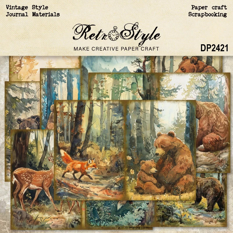 Forest Animals Bears Deer Owl Birds Fox A5 Scrapbook Card Journal Craft Paper