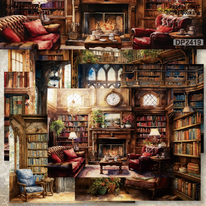 Cozy Rooms Bookshelves Fireplace A5 Scrapbook Card Journal Craft Paper