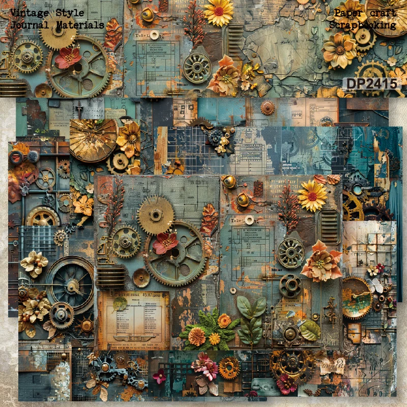 Gears Flowers Documents A5 Scrapbook Card Journal Craft Paper