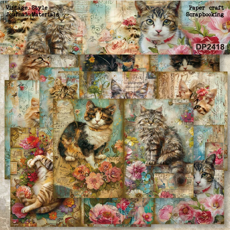 Adorable Kitty Cats Flowers A5 Scrapbook Card Journal Craft Paper