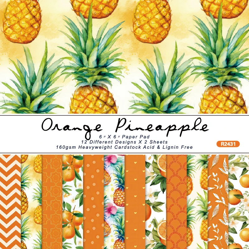 Orange Pineapple Fruit Hearts Dots Zigzags Scrapbook Card Journal Craft Paper