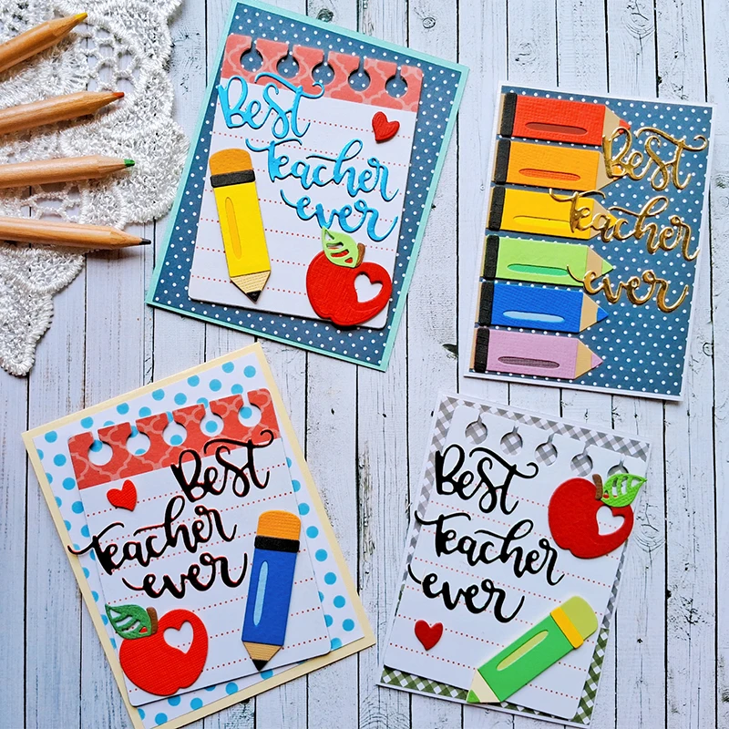 Best Teacher Ever Pencil Notepad Paper Apple Metal Cutting Dies Card Craft