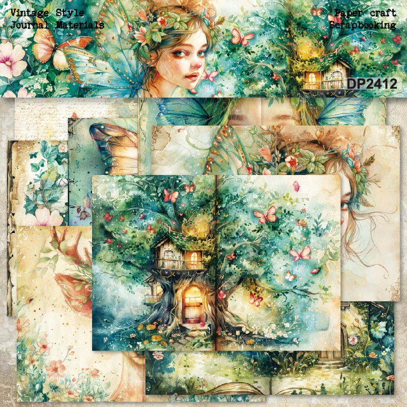 Fantasy Flower Fairies Tree House Butterfly Deer A5 Scrapbook Card Craft Paper