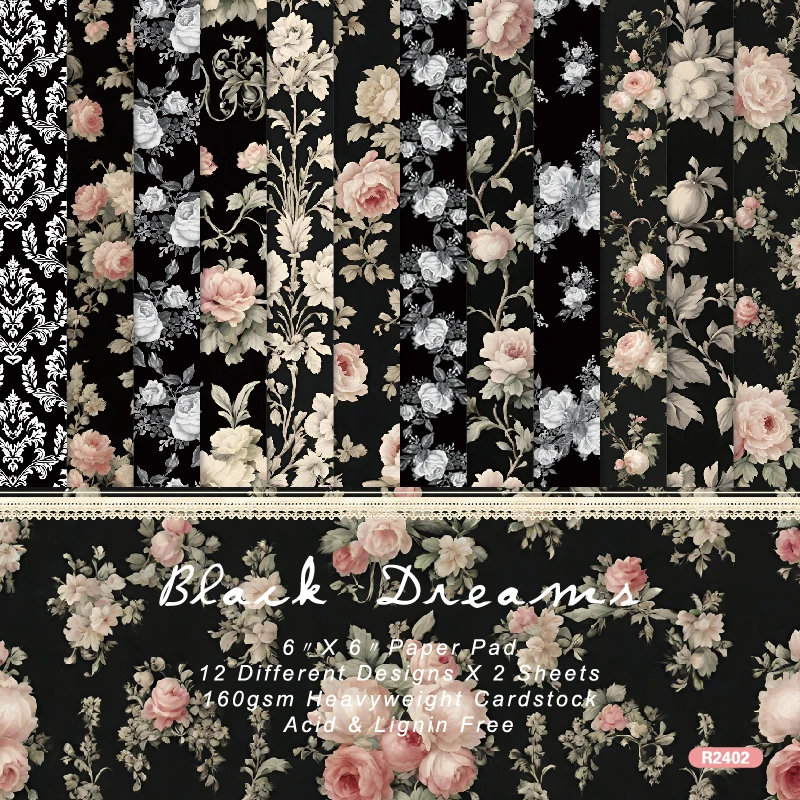 Vintage Black Background Flowers Roses Scrapbook Card Craft Cardstock Paper